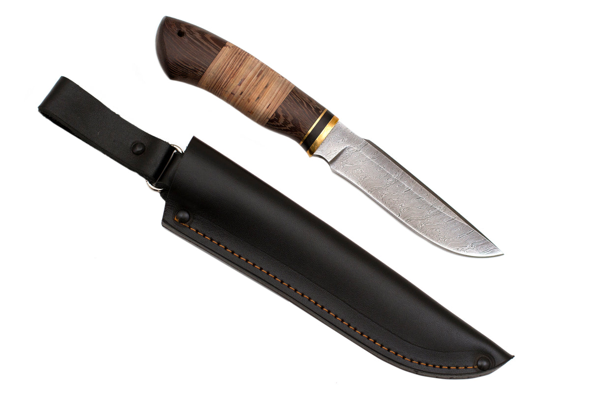 Medved, Sputnik, Hunting, Fixed, Damascus, Birch Bark and Wenge combo handle