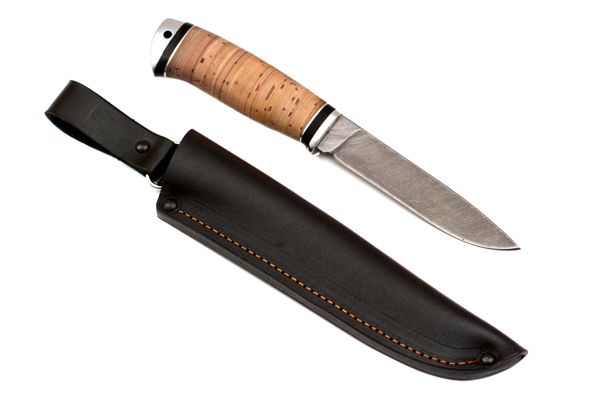 Medved, Danger, Hunting, Fixed, Damascus blade, Birch Bark handle with Duralumin
