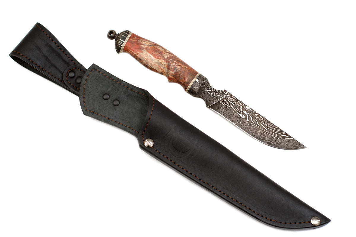 Fedotov, Knife, Integral, Damascus+Ni Damascus, Carved Karel Birch Handle