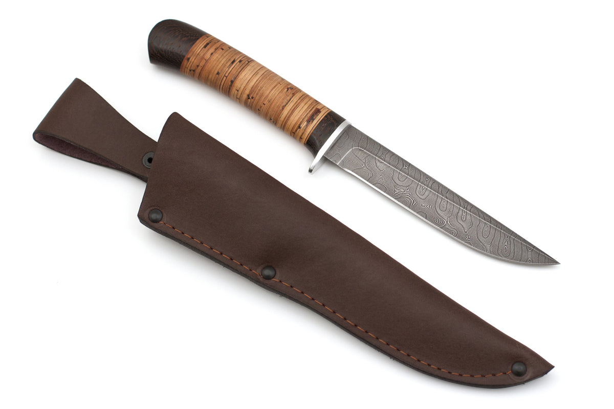 Russian Bulat, Uragan, Hunting, Fixed, Damascus, Birch Bark