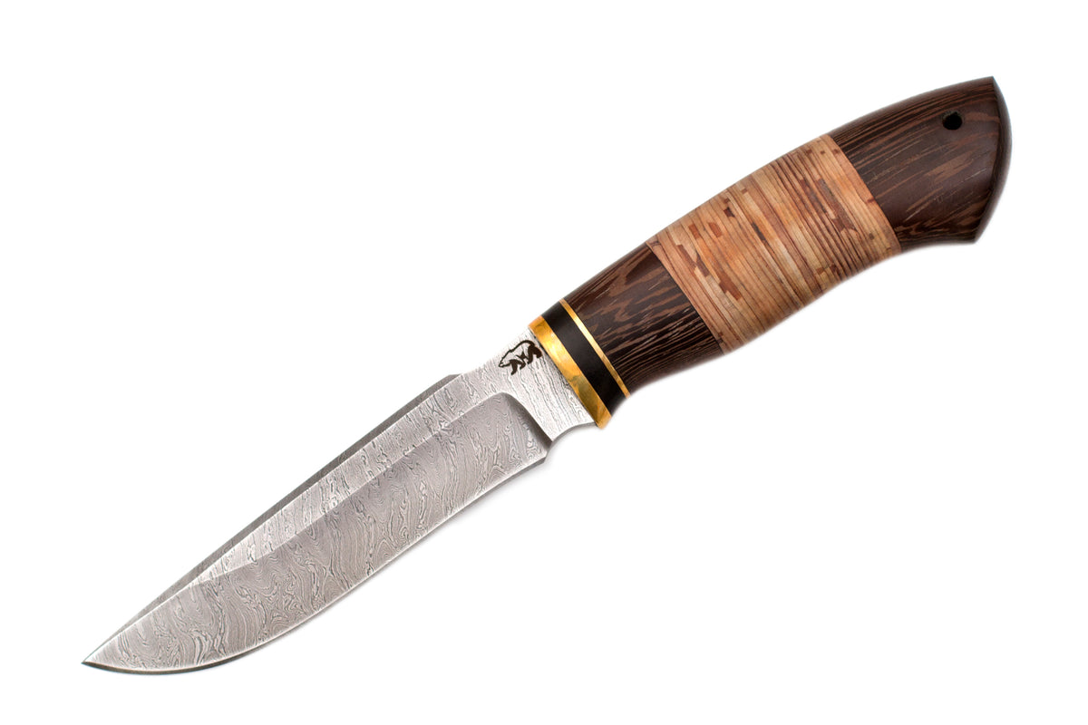 Medved, Sputnik, Hunting, Fixed, Damascus, Birch Bark and Wenge combo handle