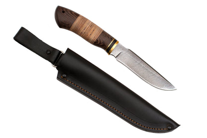 Medved, Sputnik, Hunting, Fixed, Damascus, Birch Bark and Wenge combo handle