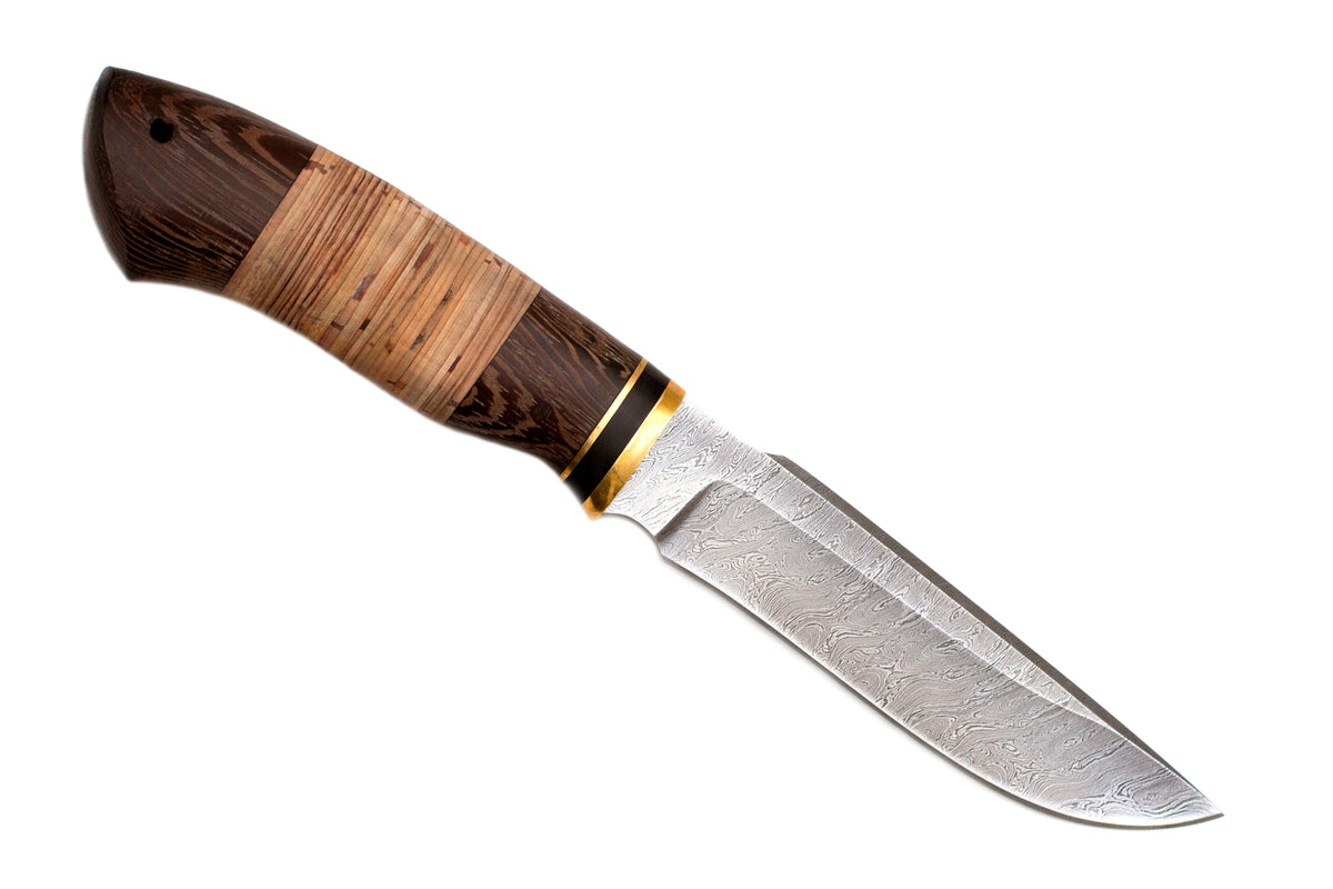 Medved, Sputnik, Hunting, Fixed, Damascus, Birch Bark and Wenge combo handle