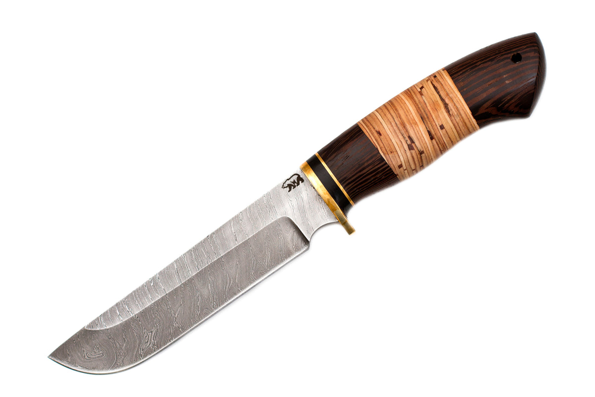 Medved, Legioner, Hunting Knife Fixed Blade, Proprietary Damascus, Birch Bark and Wenge hardwood