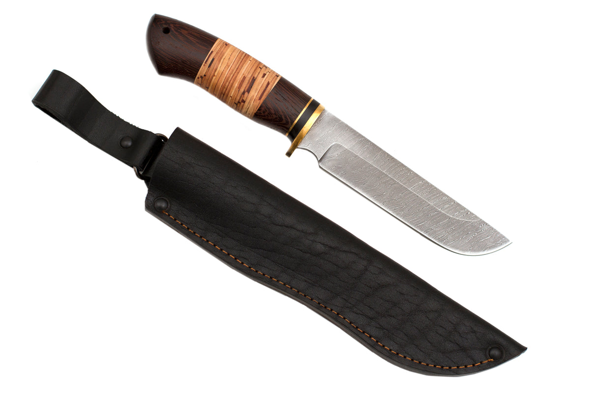 Medved, Legioner, Hunting Knife Fixed Blade, Proprietary Damascus, Birch Bark and Wenge hardwood