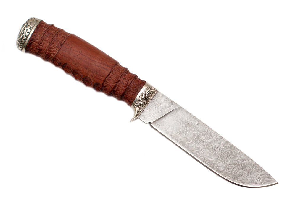 Medved, Hana, Mid size Hunting, Fixed, Damascus Blade, Carved Bubinga Handle, Cast German Silver