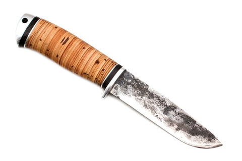 Medved, Hana, Mid size Hunting, Fixed, Hammerforged 9XC Blade, Birch Bark Handle, Aluminum Pommel