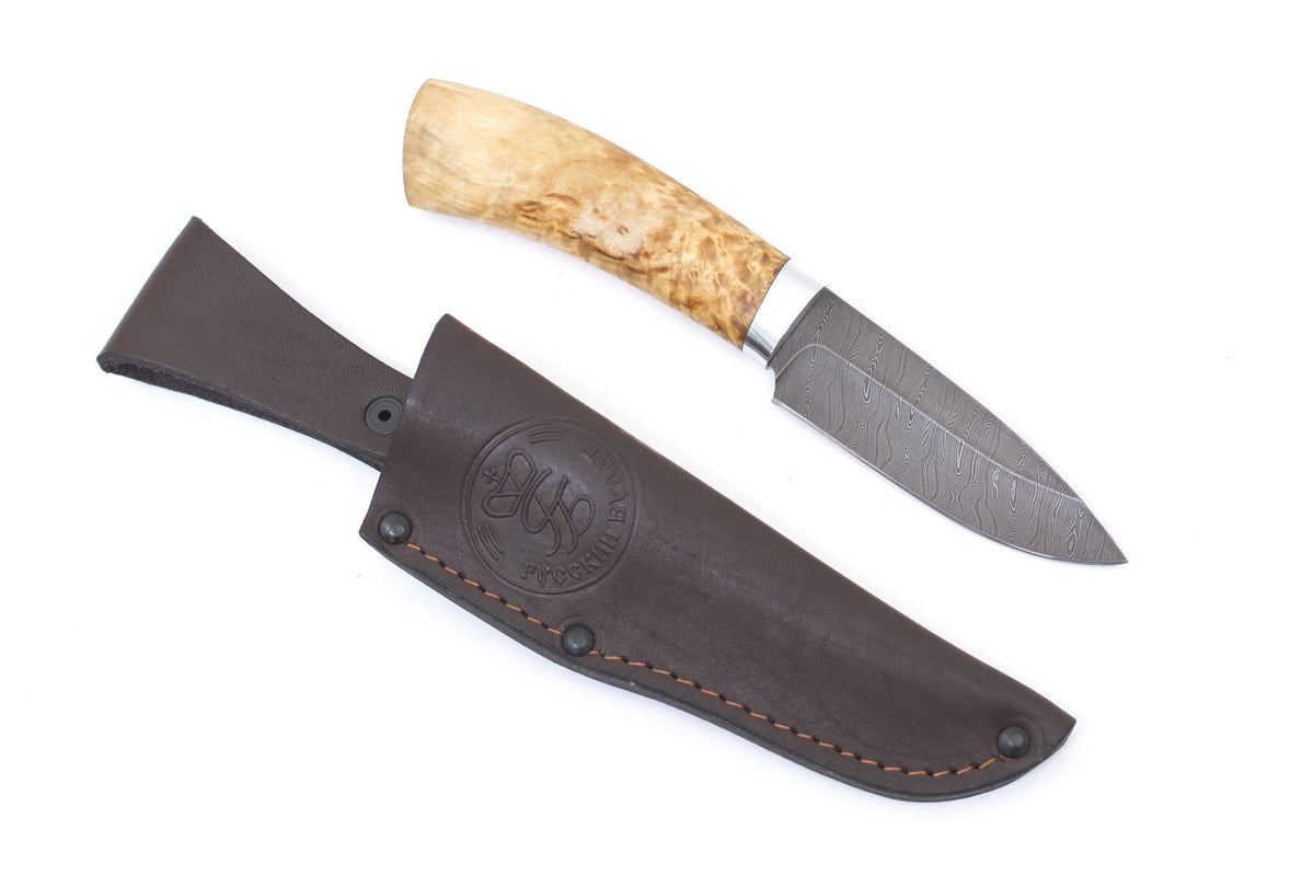 Russian Bulat, Zarya, Hunting, Fixed, Damascus, Karelian Birch