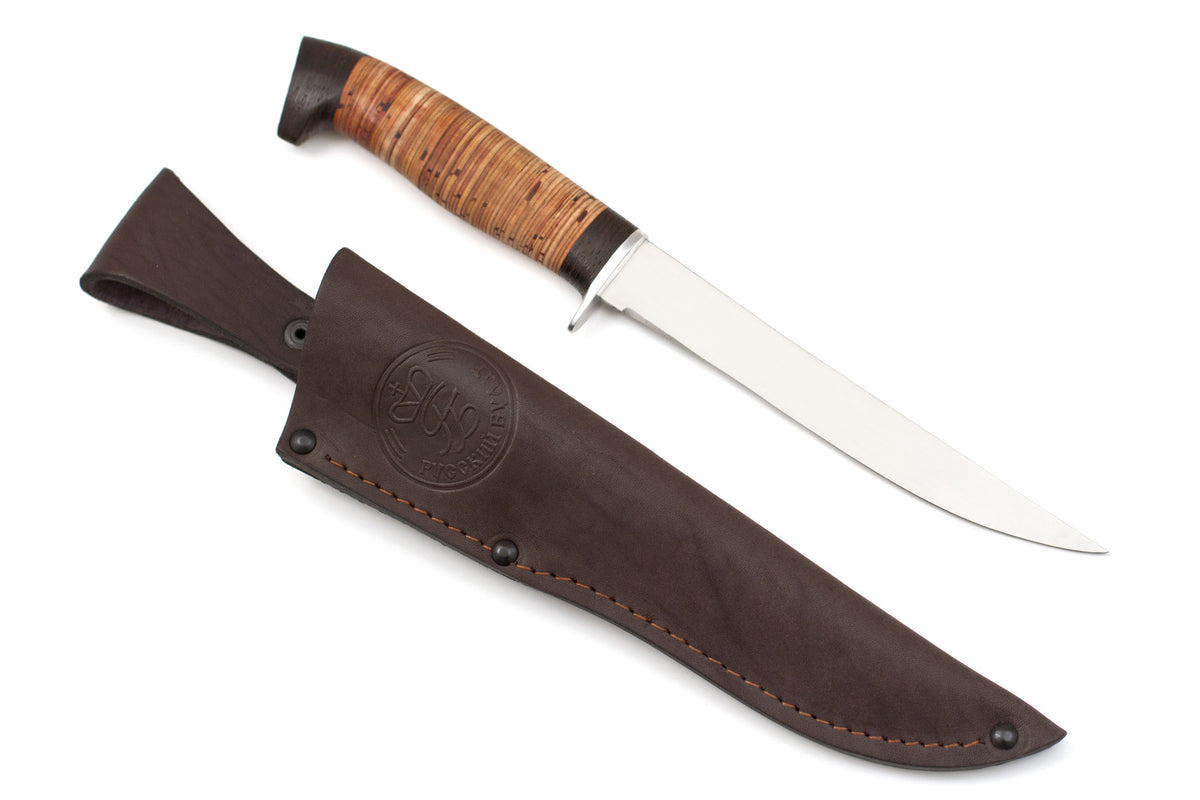 Russian Bulat, Osetr, Fishing, Flexible Fillet, Fixed, 65X13 Stainless, Birch Bark